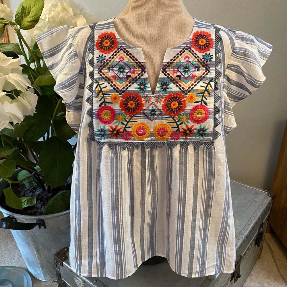 THML floral embroidered ruffle sleeveless blouse